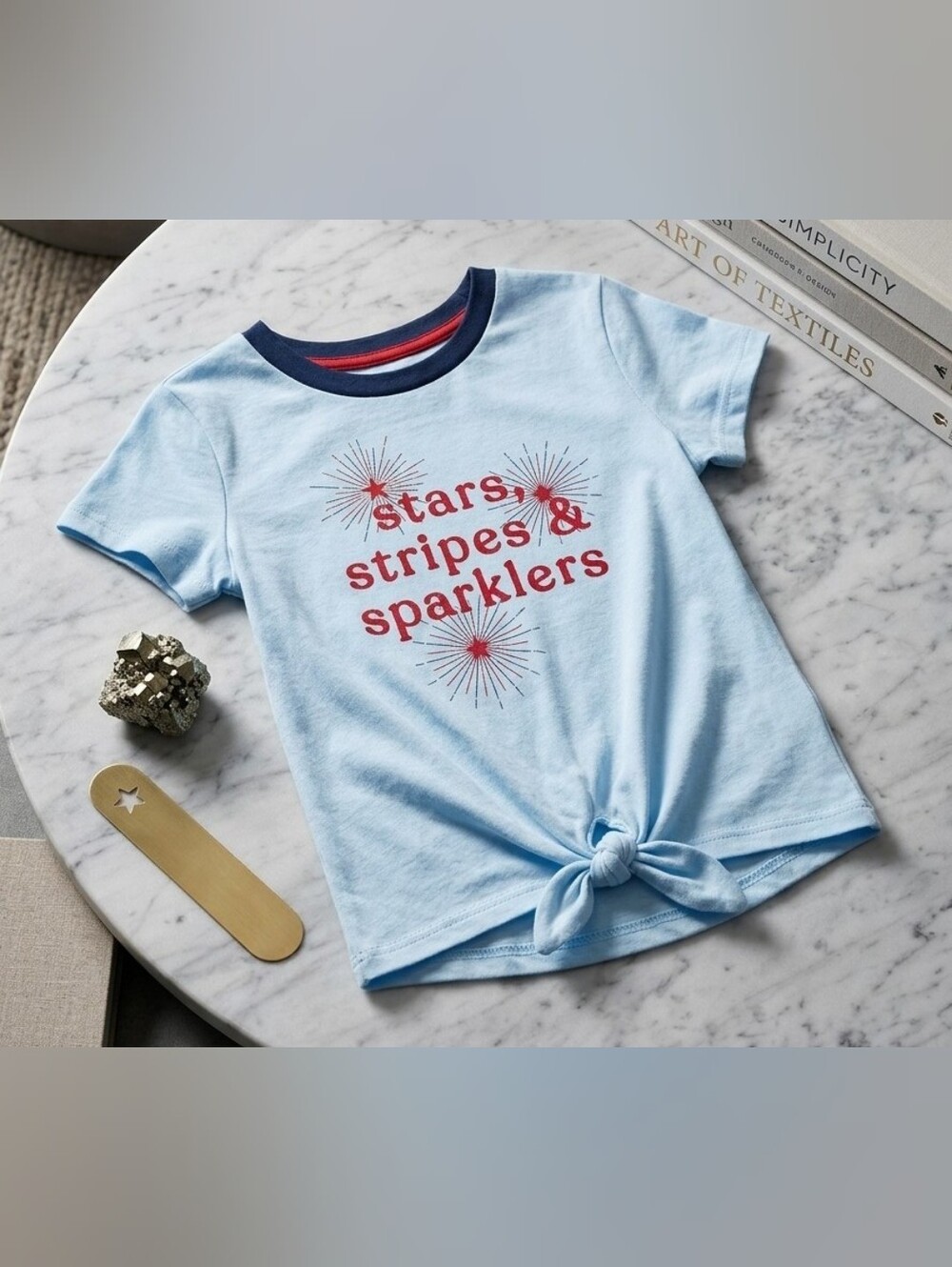 wonder nation Light Blue Short Sleeve Tee with Red Graphic and Navy Trim
